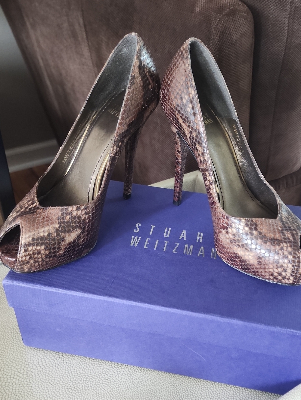 Stuart Weitzman Brown Snakeskin Peep-Toe Stiletto Pumps